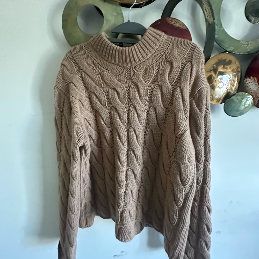 Theory Cable Knit Cowl Neck Sweater in Tan